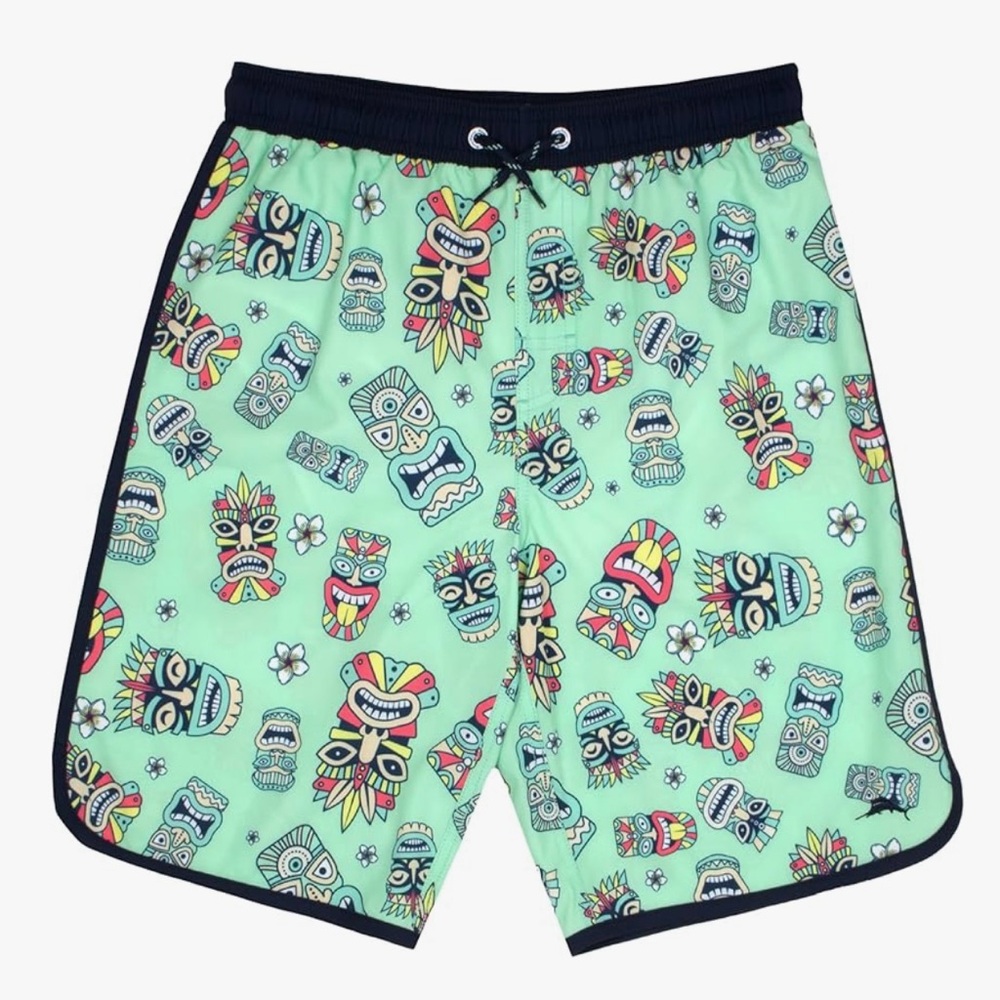 Tommy Bahama Kids Swim Trunks - Green with Multicolor Tiki Print